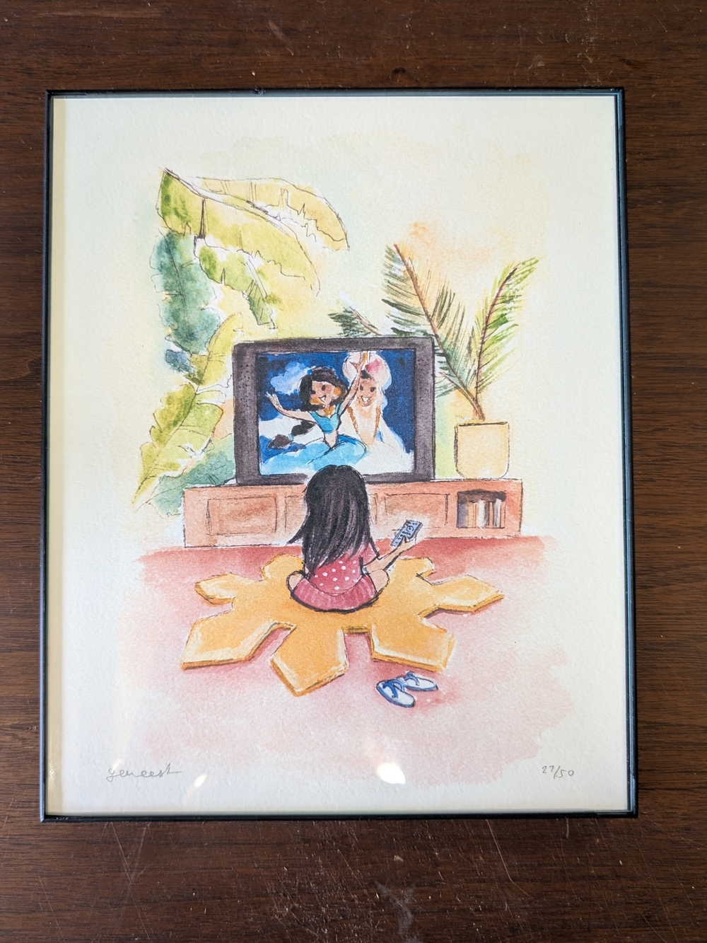 Framed Watercolor Print - Girl Watching Disney Aladdin On TV